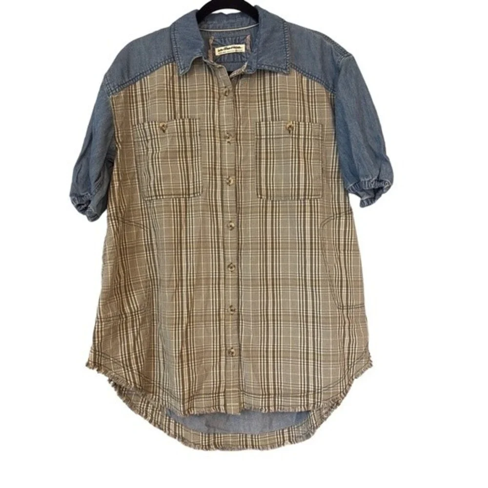 FREE PEOPLE RUNAWAY PLAID AND DENIM TOP SIZE XS - Picture 4 of 11